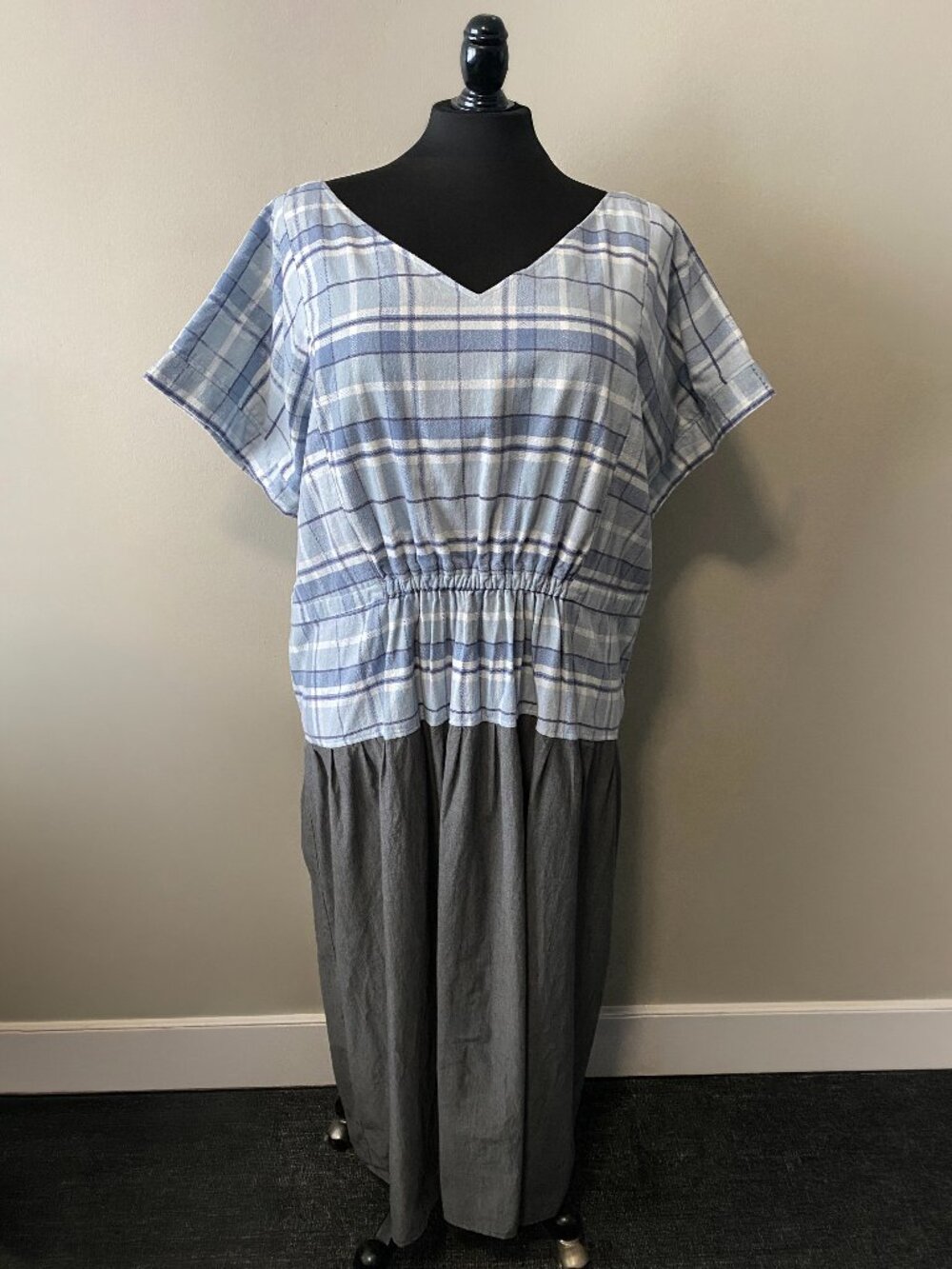 Handmade Plus Size Cotton Flannel Grey Blue White Dress